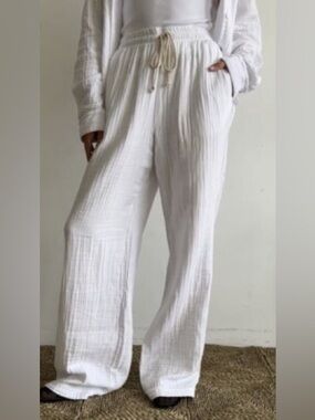 Donni Pants White Bubble Cotton Straight Wide Leg Elastic‎ Waist size large